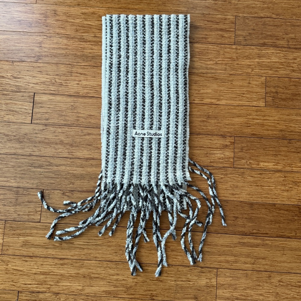 Acne Studios Ribbed Wool Scarf, Beige/Brown Striped, Fringed Ends, Unisex